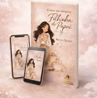 Capa do livro Filhinha do Papai, de Kelly Leite, Editora Dourada: uma jovem abraçando o próprio coração, com versões do livro no celular e no tablet.