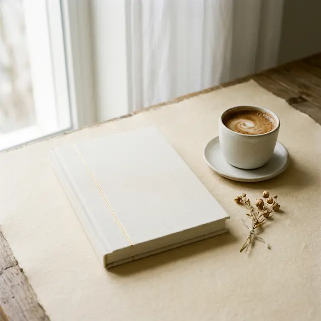 Livro de capa clara com fio dourado sobre papel creme, ao lado de uma xícara de café e flores secas.