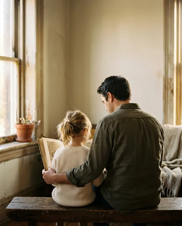 Pai e filha sentados lado a lado num banco de madeira, lendo um livro juntos à luz da janela.